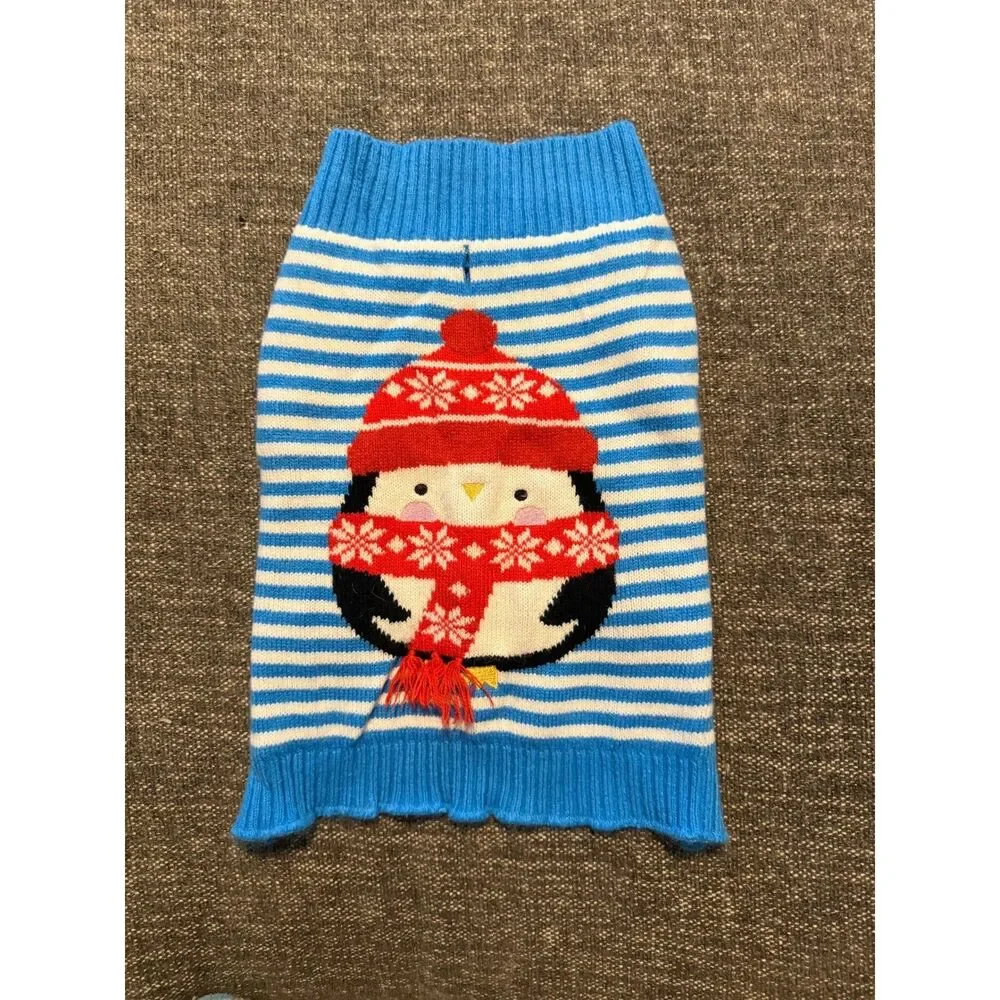 Penguin Dog Sweater Holiday Winter Blue Striped Pet Apparel Small NO FLAWS